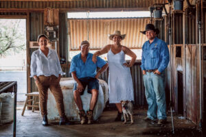 Amanda Ferrari with family in the shearing shed